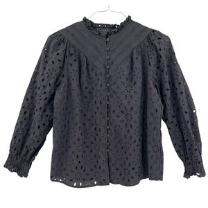 Zesica Womens Black Eyelet Button Front Ruffle Neck Balloon Sleeve Blouse Size L